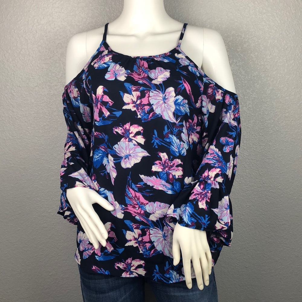 Seven Sisters Blue/Purple Floral Cold Shoulder Top - Picture 2 of 3